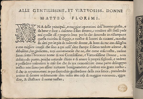 Fiori di Ricami Nuovamente Posti in Luce, title page (verso)