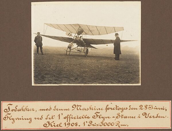 Todakker, med denne Maskine forekoges Seu 28 Tuni, Flyvring ved SX 1'officielle Flyve-Stame i Verdeu Kiel 1908. 1'Pris: 5000 Rm., Jacob Christian Hansen Ellehammer (Danish, 1871–1946), Gelatin silver prints from glass negatives 