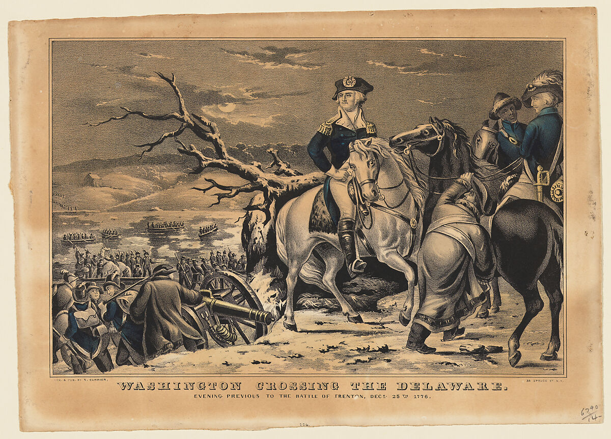 Washington Crossing the Delaware–Evening Previous to the Battle of Trenton, December 25th, 1776, Lithographed and Published by Nathaniel Currier (American, Roxbury, Massachusetts 1813–1888 New York), Hand-colored lithograph 