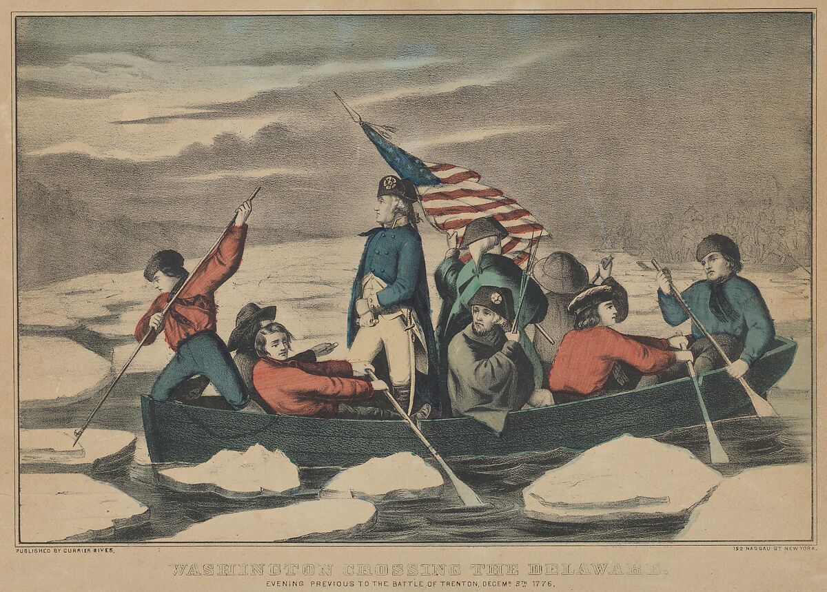 Washington Crossing the Delaware – Evening Previous to the Battle of Trenton, December 5th, 1776, Currier &amp; Ives (American, active New York, 1857–1907), Hand-colored lithograph 