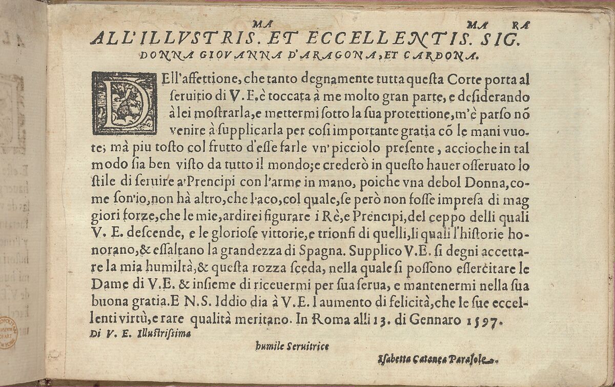 Studio delle virtuose Dame, page 3 (recto), Isabella Catanea Parasole (Italian, ca. 1565/70–ca. 1625), Woodcut 