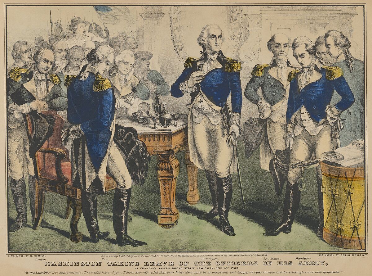 Washington Taking Leave of the Officers of His Army–at Francis's Tavern, Broad Street, New York, December 4th, 1783–"With a heart full of love and gratitude, I now take leave of you. I most devoutly wish that your latter days may be as prosperous and happy, as your former ones have been glorious and honorable.", Lithographed and Published by Nathaniel Currier (American, Roxbury, Massachusetts 1813–1888 New York), Hand-colored lithograph 