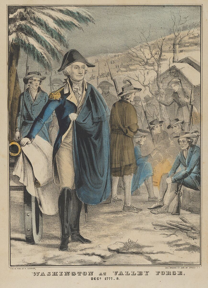 Washington at Valley Forge–December 1777–8, Lithographed and Published by Nathaniel Currier (American, Roxbury, Massachusetts 1813–1888 New York), Hand-colored lithograph 