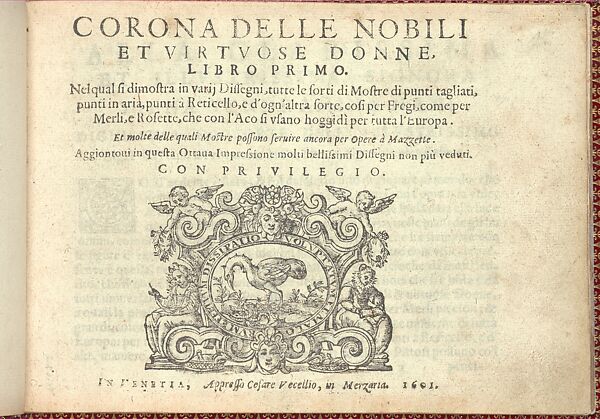 Corona delle Nobili et Virtuose Donne: Libro I-IV, Book I title page (recto)