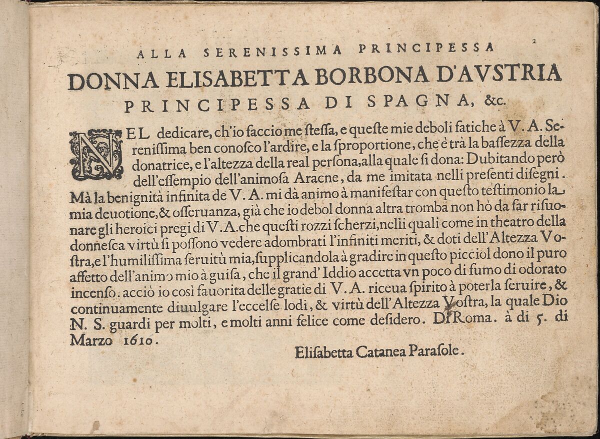 Fiore D'Ogni Virtu Per le Nobili Et Honeste Matrone, page 2 (recto), Isabella Catanea Parasole (Italian, ca. 1565/70–ca. 1625), Woodcut 