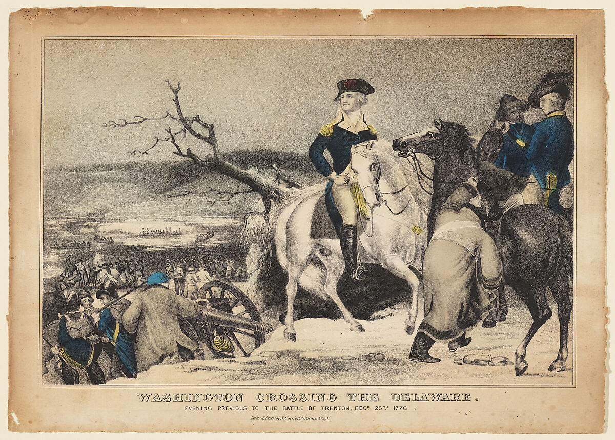 Washington Crossing the Delaware–Evening Previous to the Battle of Trenton, December 25th, 1776, Lithographed and Published by Nathaniel Currier (American, Roxbury, Massachusetts 1813–1888 New York), Hand-colored lithograph 