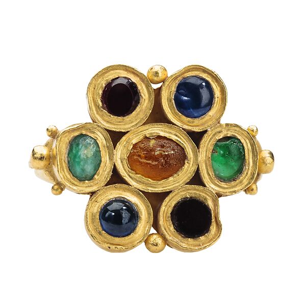 Late Roman Ring, Gold, set with yellow, green, and red glass, two sapphires, and a garnet, Roman 