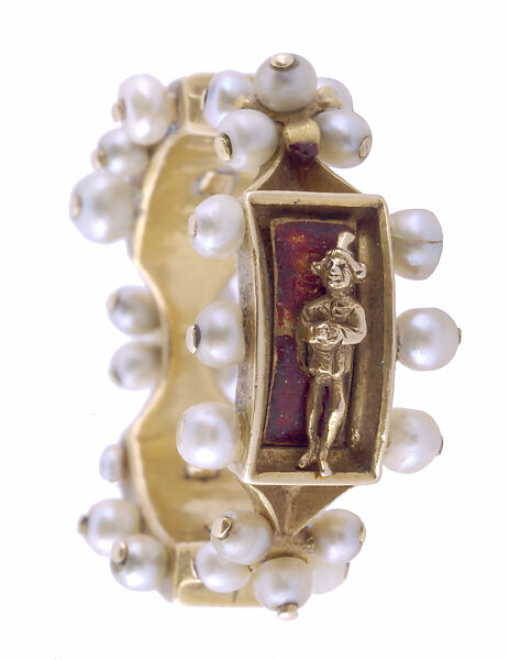 Renaissance Enamel Ring, Gold, pearls, ronde-bosse, and red enamel, Franco-Netherlandish 