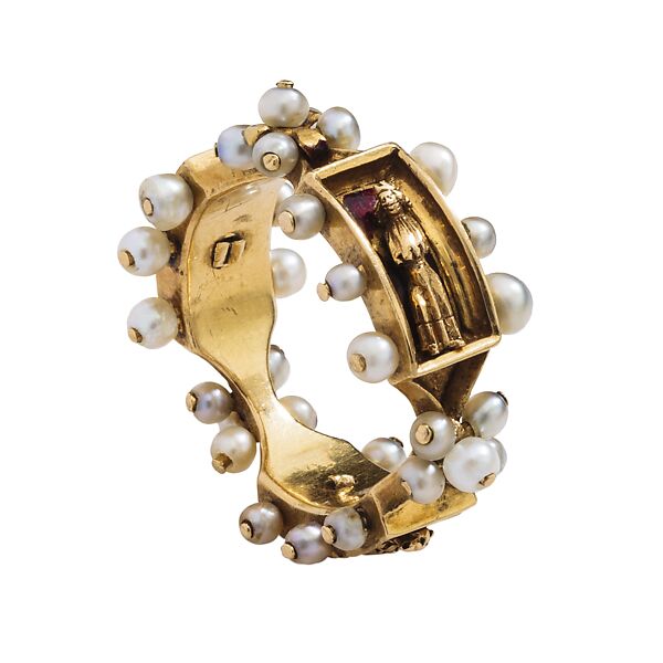 Renaissance Enamel Ring, Gold, pearls, ronde-bosse, and red enamel, Franco-Netherlandish
