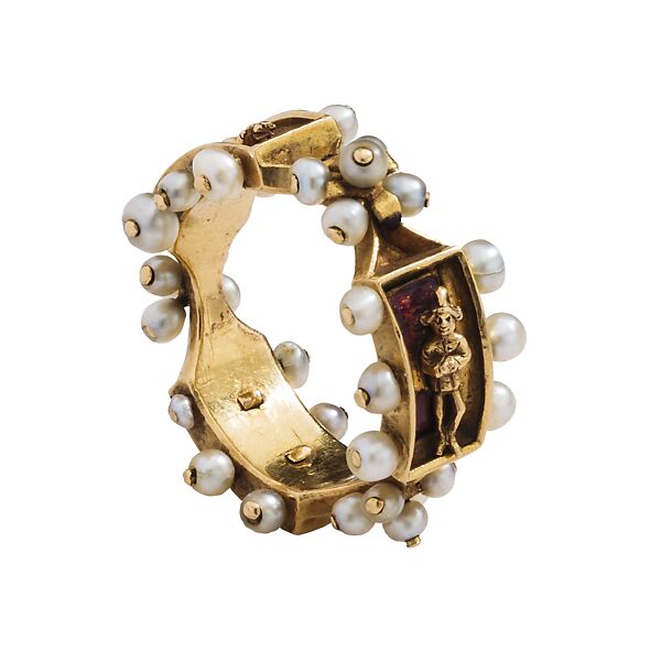 Renaissance Enamel Ring, Gold, pearls, ronde-bosse, and red enamel, Franco-Netherlandish