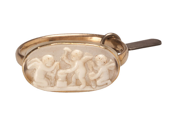 Three Winged Putti Forging Arrow Heads, Gold and onyx, Roman (cameo); modern (setting) 