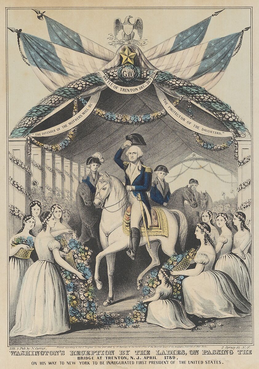 Washington's Reception by the Ladies on Passing the Bridge at Trenton, N.J., April 1789, on His Way to be Inaugurated First President of the United States, Lithographed and published by Nathaniel Currier (American, Roxbury, Massachusetts 1813–1888 New York), Hand-colored lithograph 