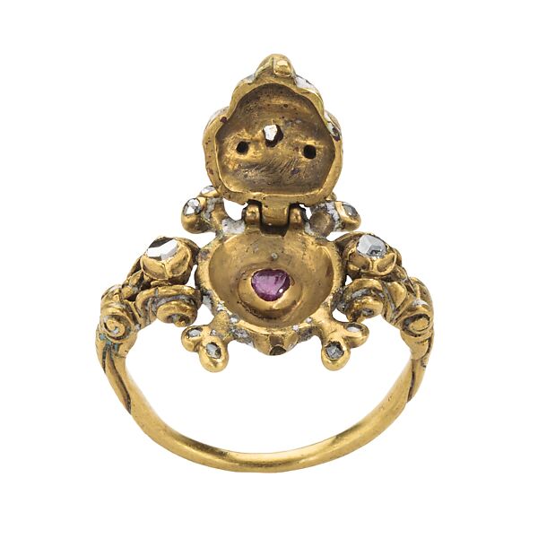Skull Memento Mori Locket Ring, Gold, enamel, diamonds, and ruby, British