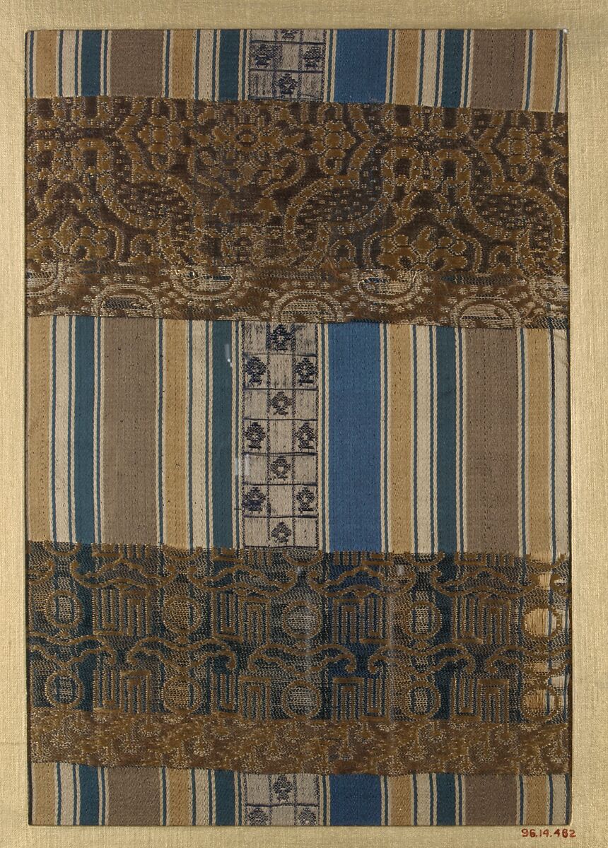 Textile fragment with repeating pattern of stripes and figured bands, Silk, Japan 