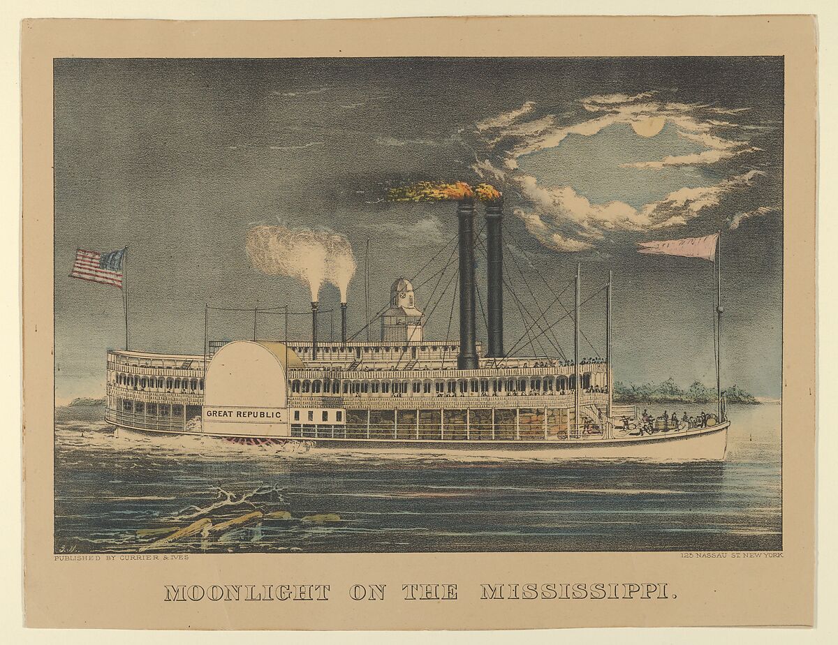 Moonlight on the Mississippi, Lithographed and published by Currier &amp; Ives (American, active New York, 1857–1907), Hand-colored lithograph 