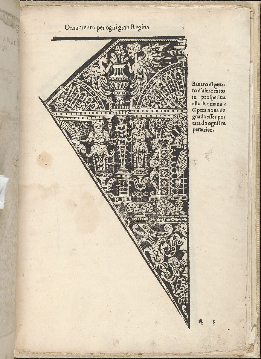 Ornamento nobile...Fatta da Lucretia Romana (Libro V of the Corona), page 3 (recto), Cesare Vecellio (Italian, Pieve di Cadore 1521–1601 Venice), Woodcut 