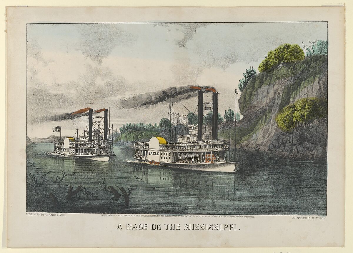 A Race on the Mississippi, Lithographed and published by Currier &amp; Ives (American, active New York, 1857–1907), Hand-colored lithograph 