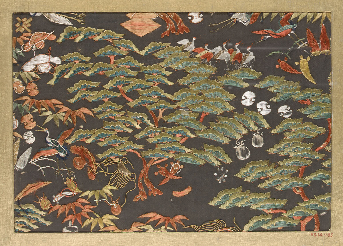 Textile fragment with pattern of pine, cranes, and auspicious symbols, Silk, Japan 