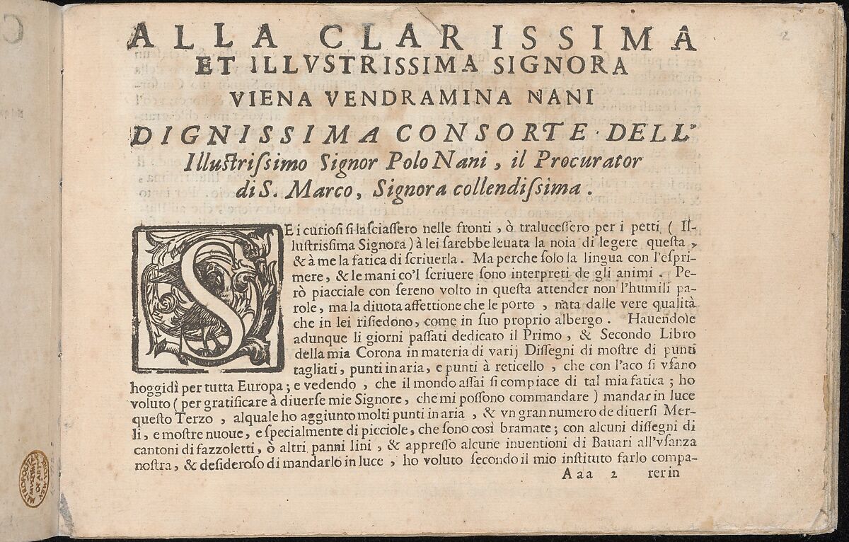 Corona delle Nobile et Virtuose Donne, Libro Terzo, page 2 (recto), Cesare Vecellio (Italian, Pieve di Cadore 1521–1601 Venice)  , Venice, Woodcut 