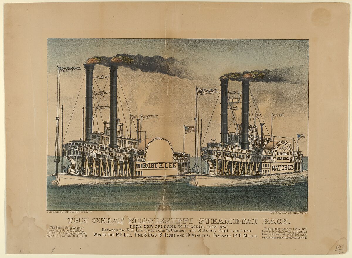 The Great Mississippi Steamboat Race–From New Orleans to St. Louis, July 1870–Between the R.E. Lee, Captain John W. Cannon and Natchez Captain Leathers–Won by the R.E. Lee, Time: 3 Days 18 Hours and 30 Minutes; Distance 1210 Miles., Lithographed and published by Currier &amp; Ives (American, active New York, 1857–1907), Hand-colored lithograph 