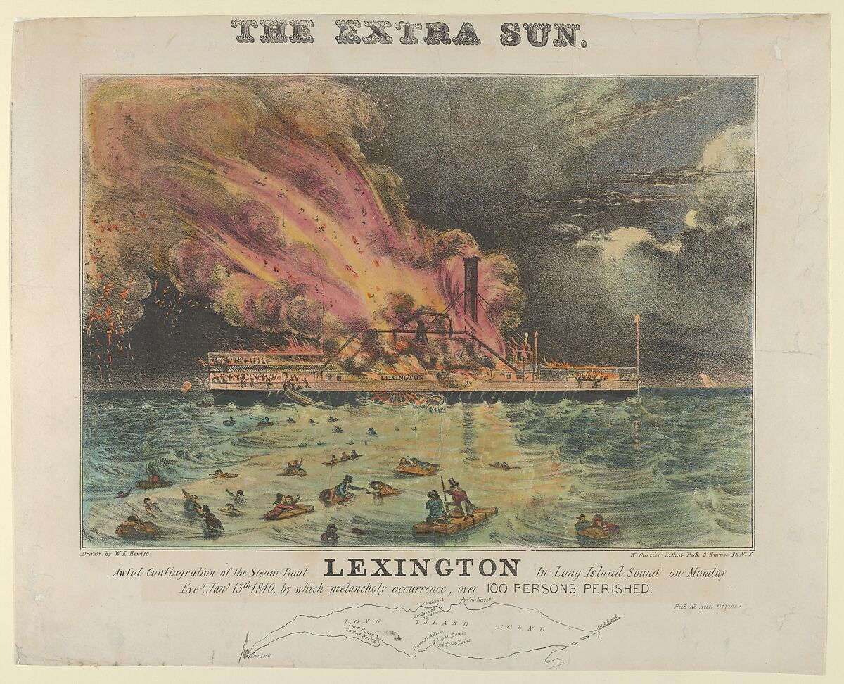 Awful Conflagration of the Steam Boat Lexington in Long Island Sound on Monday Eve, January 13th, 1840, by which melancholy occurrence, over 100 Persons Perished, William Keesey Hewitt (American, 1817–1893), Hand-colored lithograph 