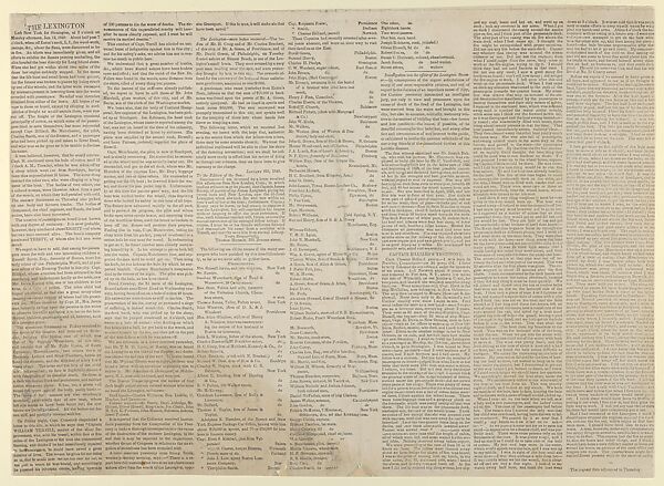 Newspaper article accompanying print in The Sun, Awful Conflagration of the Steam Boat Lexington in Long Island Sound on Monday Eve, January 13th, 1840, by which melancholy occurrence, over 100 Persons Perished, William Keesey Hewitt (American, 1817–1893), Hand-colored lithograph 