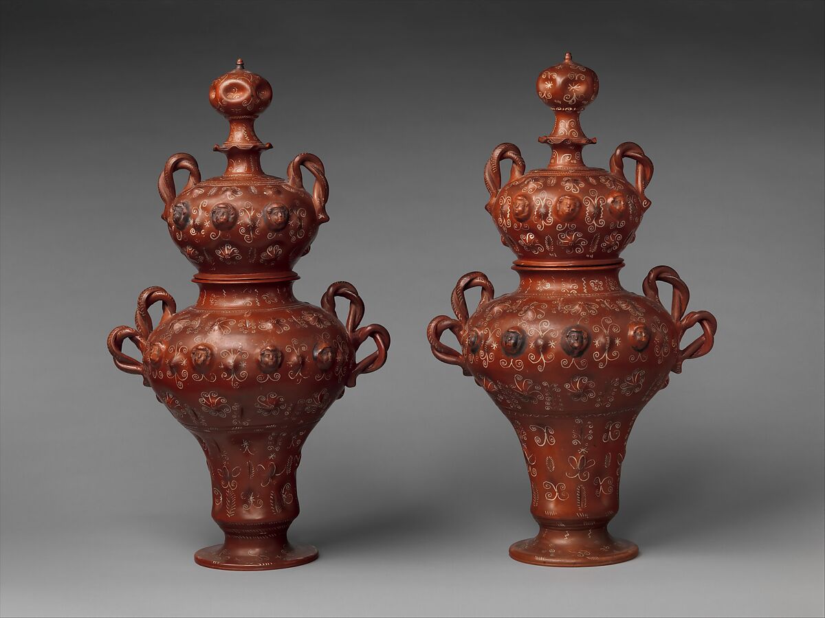 Covered jar, Earthenware, burnished, with white paint and silver leaf, Mexican