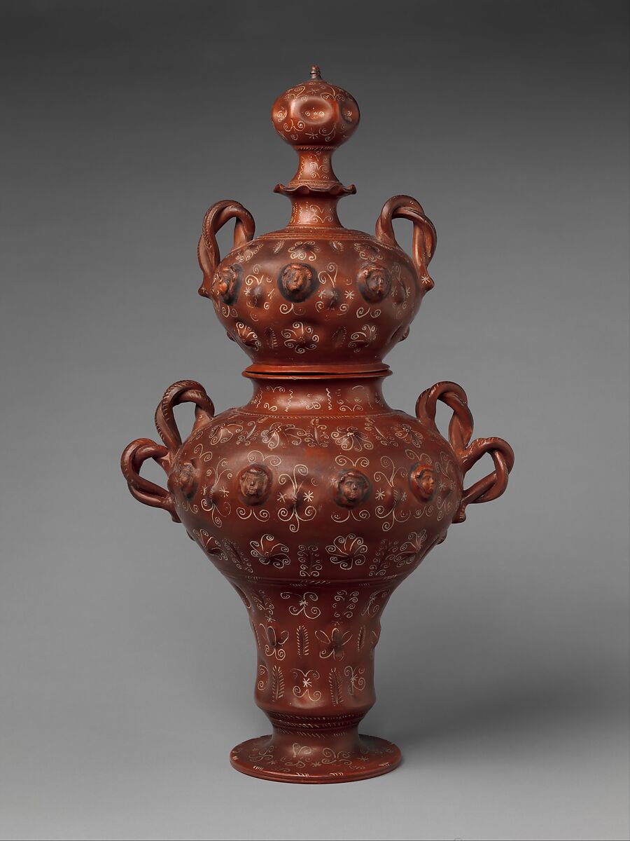 Covered jar, Earthenware, burnished, with white paint and silver leaf, Mexican 