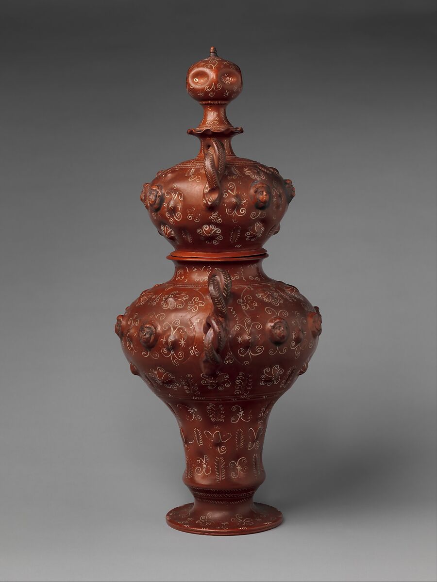 Covered jar, Earthenware, burnished, with white paint and silver leaf, Mexican