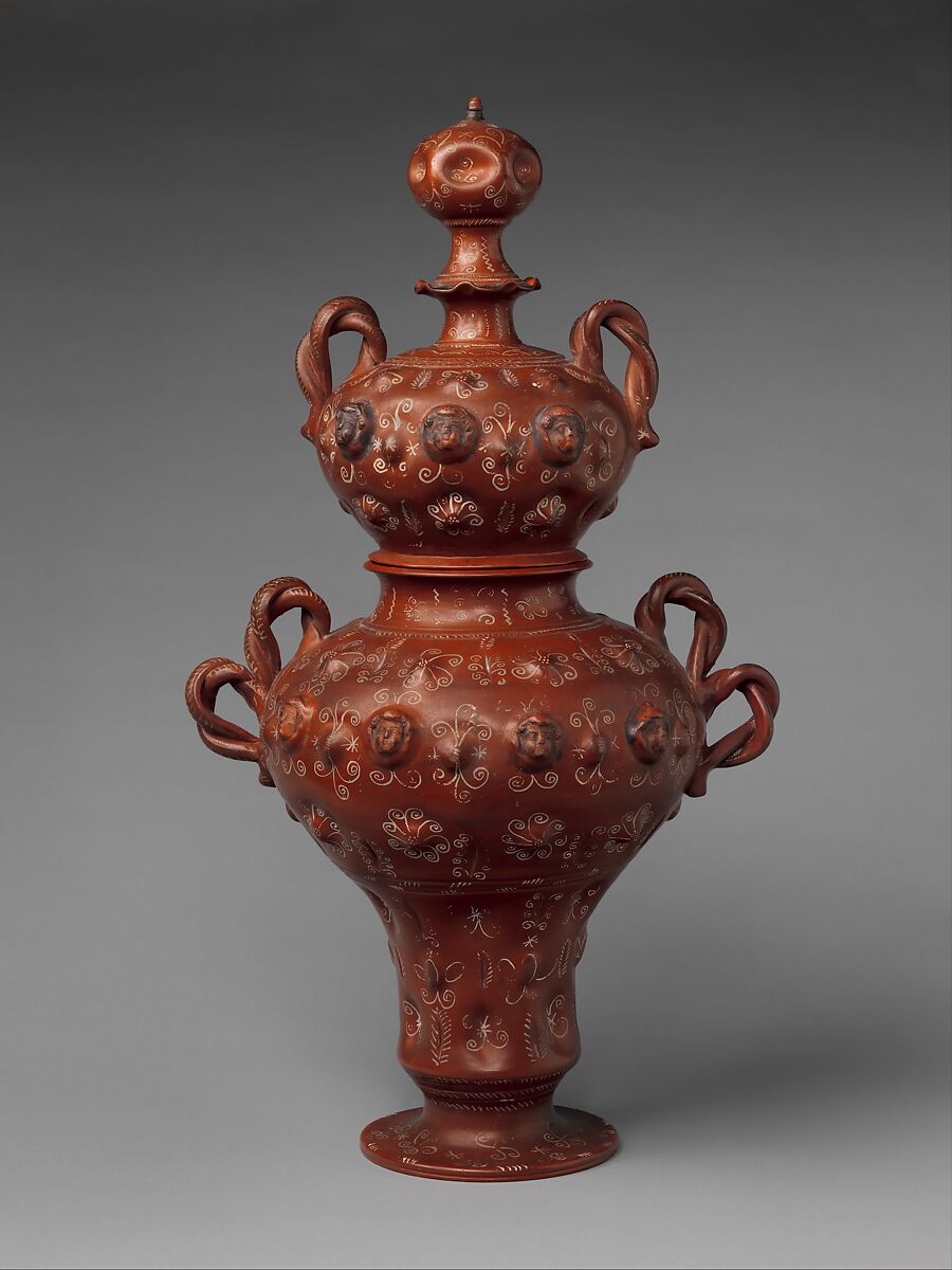 Covered jar, Earthenware, burnished, with white paint and silver leaf, Mexican