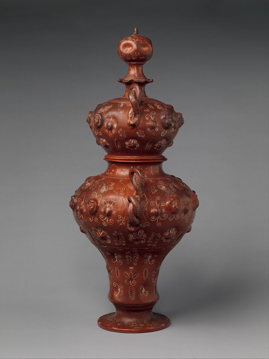 Covered jar, Earthenware, burnished, with white paint and silver leaf, Mexican