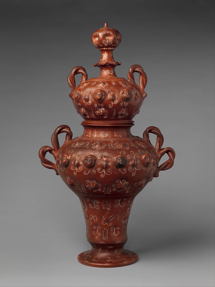 Covered jar, Earthenware, burnished, with white paint and silver leaf, Mexican