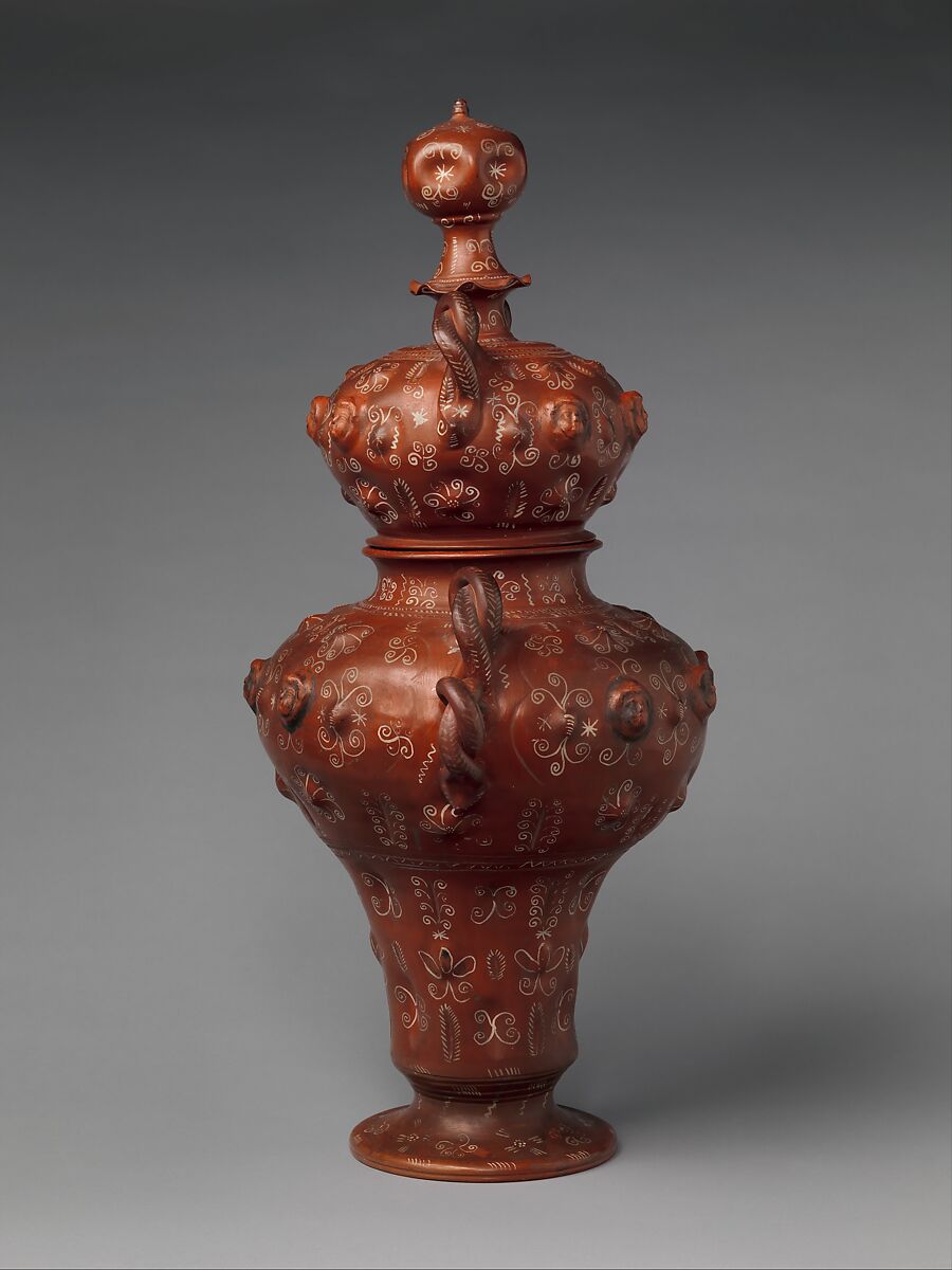 Covered jar, Earthenware, burnished, with white paint and silver leaf, Mexican