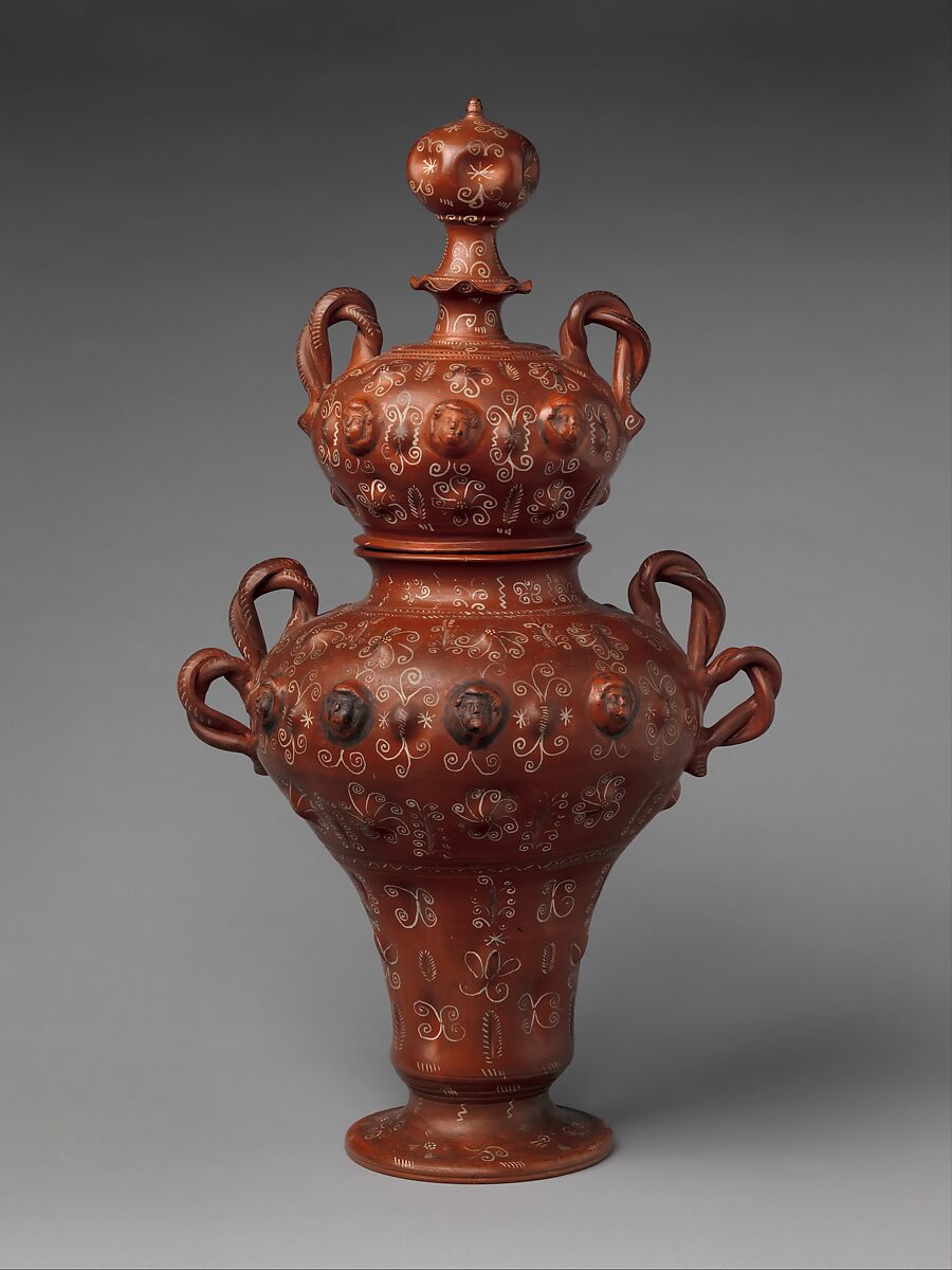 Covered jar, Earthenware, burnished, with white paint and silver leaf, Mexican
