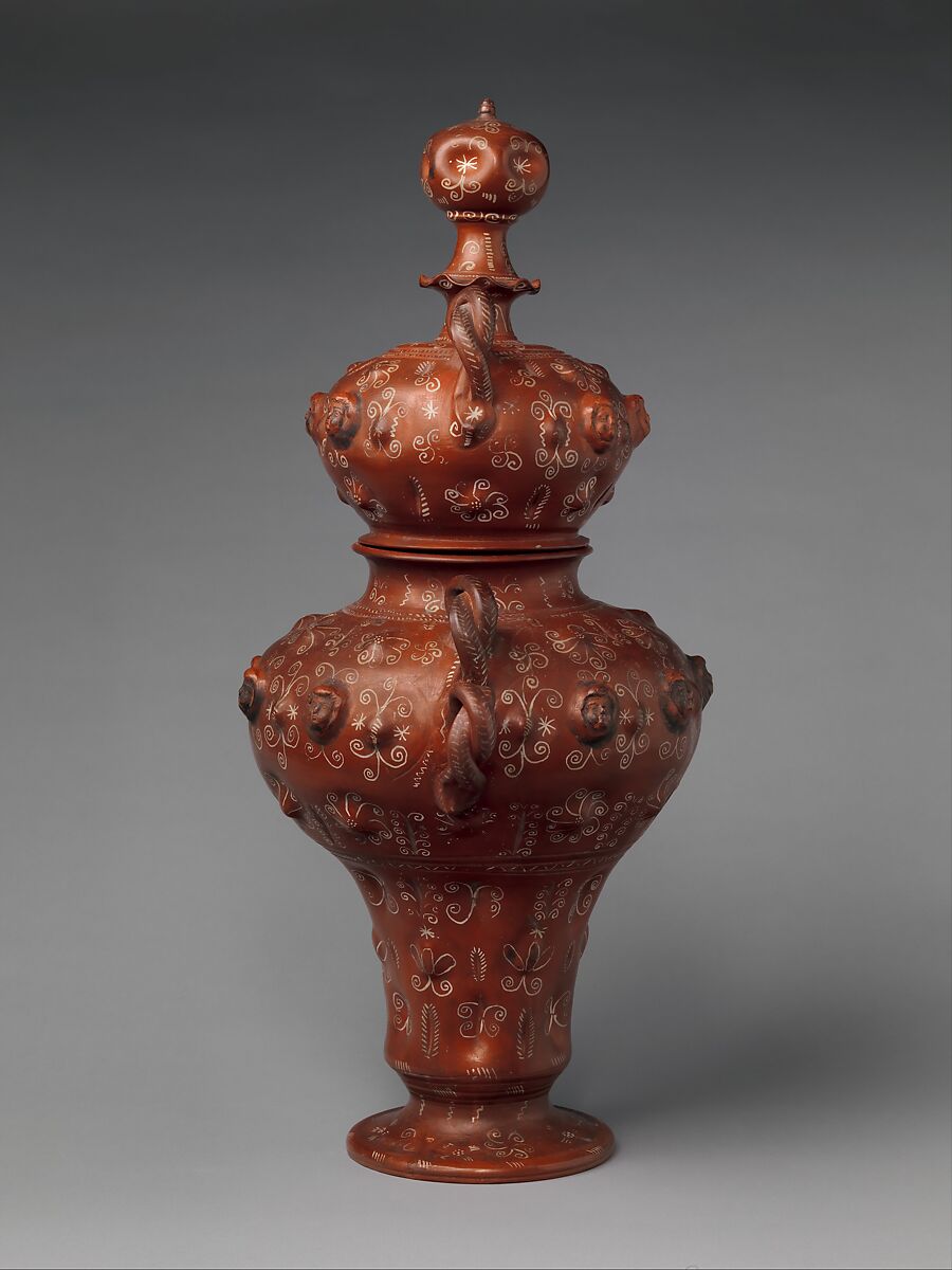 Covered jar, Earthenware, burnished, with white paint and silver leaf, Mexican