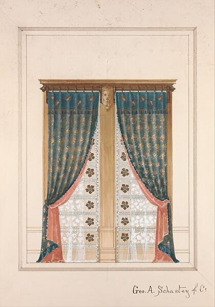 Design drawing for window treatment for the Hegeler House, La Salle, Illinois, George A. Schastey &amp; Co. (American, New York, 1873–1897), Pen and ink, transparent and opaque watercolor, metallic pigment, and graphite on wove paper, American 