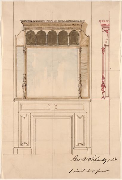 Design drawing for an overmantel for the Hegeler House, La Salle, Illinois, George A. Schastey &amp; Co. (American, New York, 1873–1897), Pen and ink, watercolor, metallic pigment, and graphite on tissue paper, American 