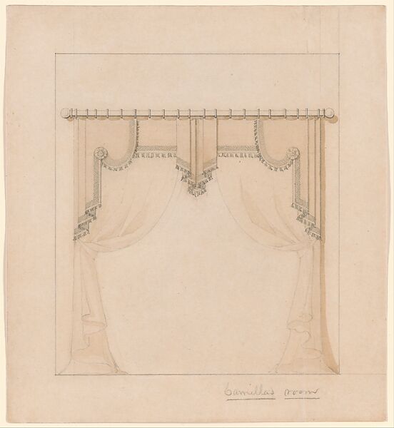 Design drawing for draperies in Camilla's room for the Hegeler House, La Salle, Illinois, George A. Schastey &amp; Co. (American, New York, 1873–1897), Graphite and watercolor on wove paper, American 