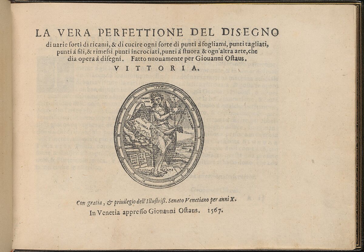La Vera Perfettione del Disegno di varie sorti di recami, title page (recto), Giovanni Ostaus (Italian, active Venice ca. 1554–91)  , Venice, Woodcut 