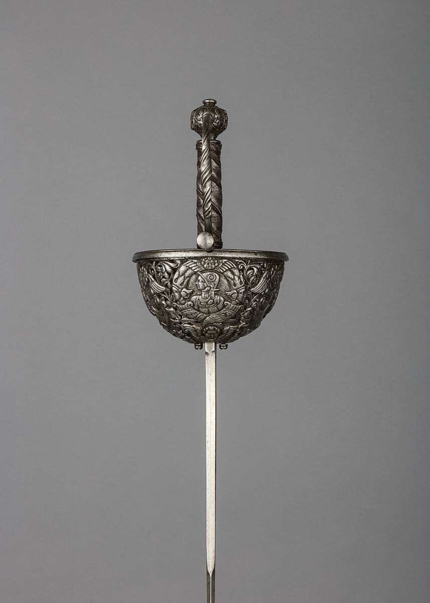 Cup-Hilted Rapier, Steel, iron wire, blade, German; hilt, Italian