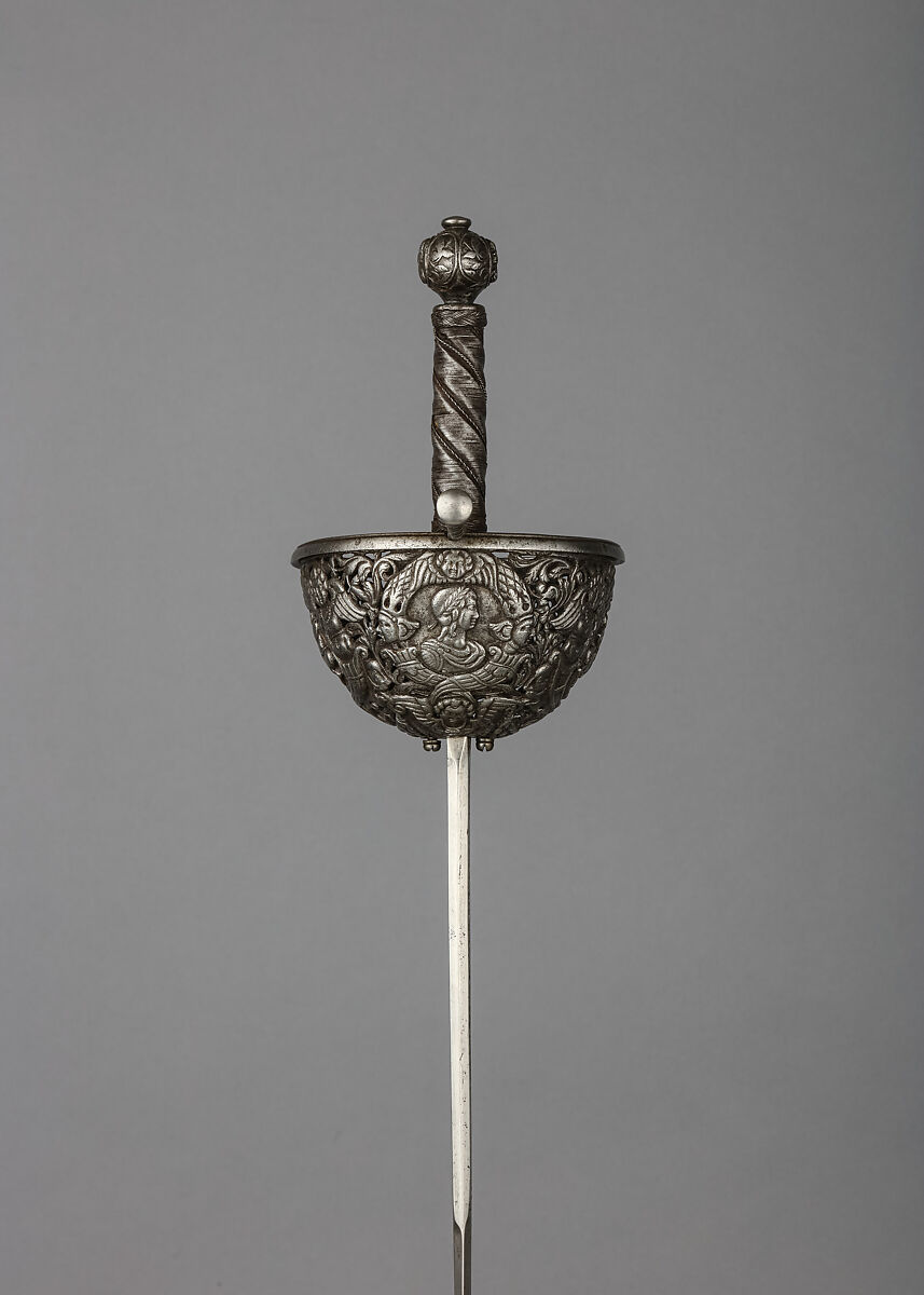 Cup-Hilted Rapier, Steel, iron wire, blade, German; hilt, Italian
