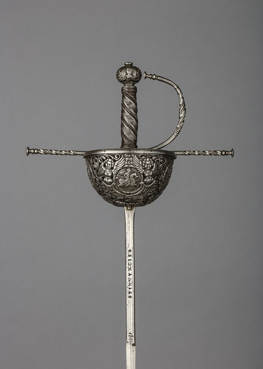 Cup-Hilted Rapier, Steel, iron wire, blade, German; hilt, Italian