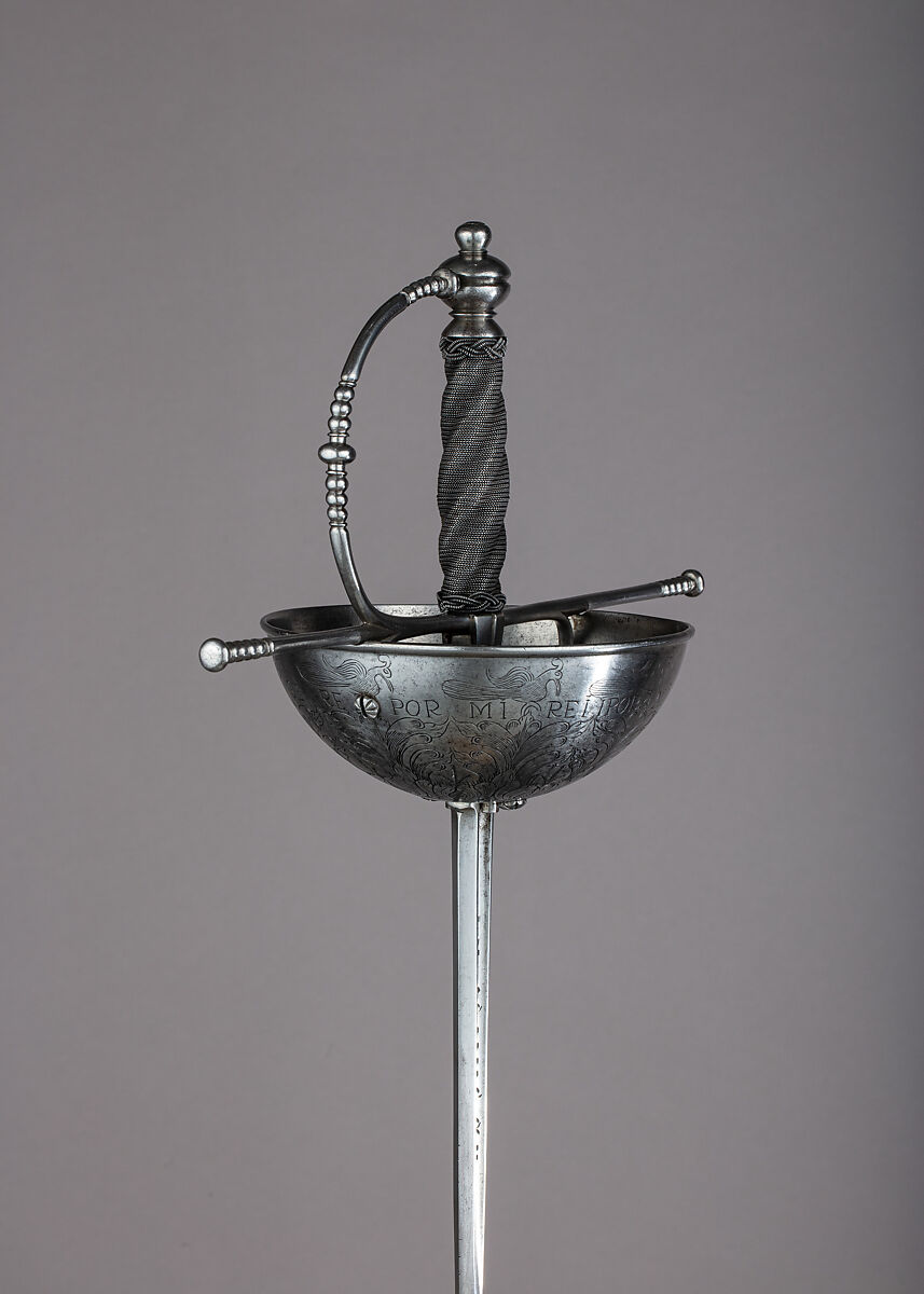 Cup-Hilted Rapier, Steel, wood, iron wire, blade, German, Solingen; hilt, Spanish