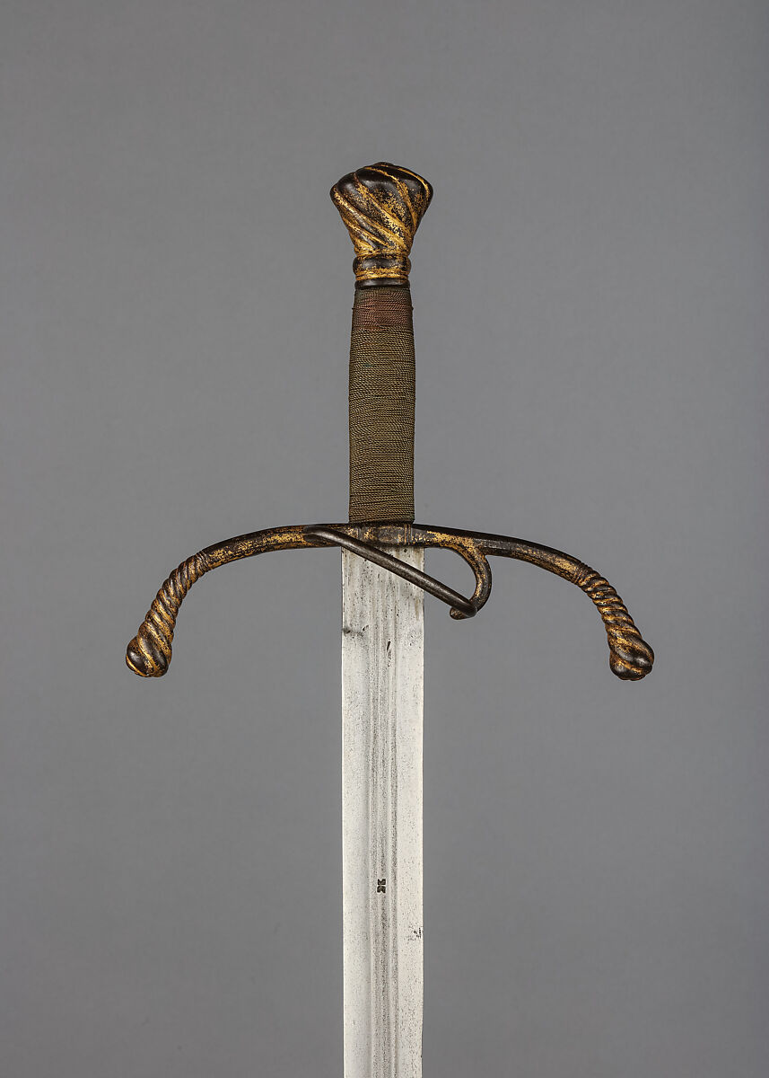 Sword, Steel, gold, brass wire, copper wire, blade, possibly Italian; hilt, German