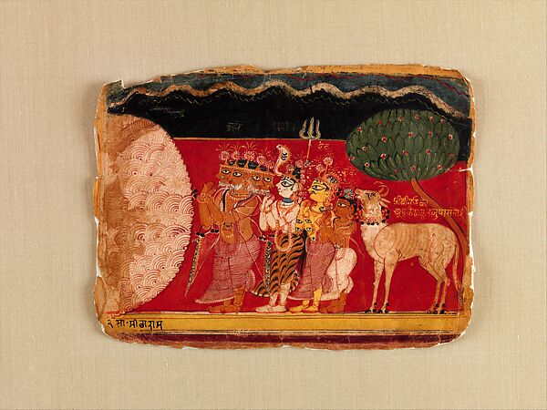 "Four Gods and the Earth Cow Pray for the Assistance of Vishnu" Illustrated folio from the dispersed “Palam” or “Scotch-Tape” Bhagavata Purana (The Ancient Story of God), Opaque watercolor on paper 