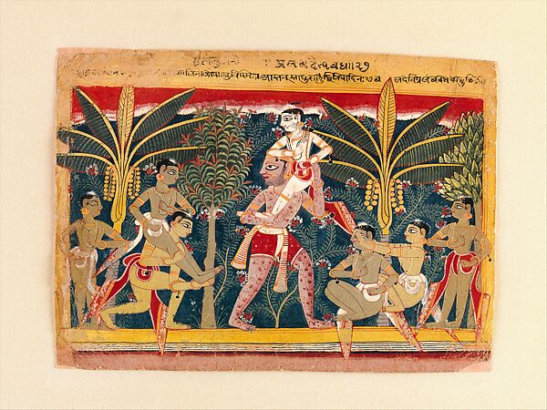 "Blindman’s Buff: the Demon Pralambha Carries Balarama on His Shoulder," Folio from the dispersed "Isarda" Bhagavata Purana (The Ancient Story of God), Opaque watercolor and mica on paper 
