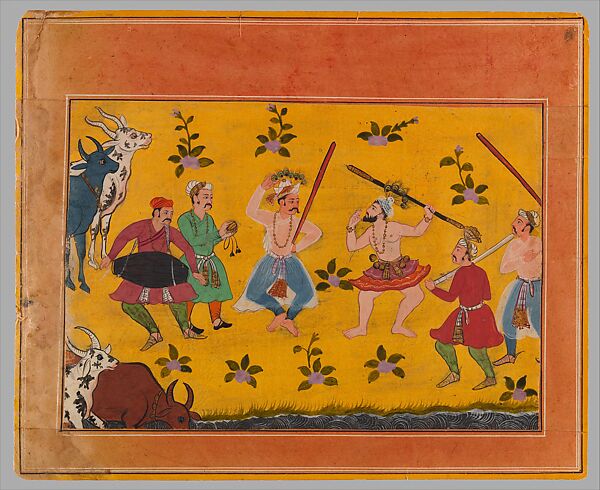 "The Great Festivity (Maha Utsav): Six Figures Celebrate with Music and Dance," Folio from the "Early Bikaner" Bhagavata Purana (The Ancient Story of God), Opaque watercolor on paper, India, Rajasthan, probably kingdom of Bikaner 