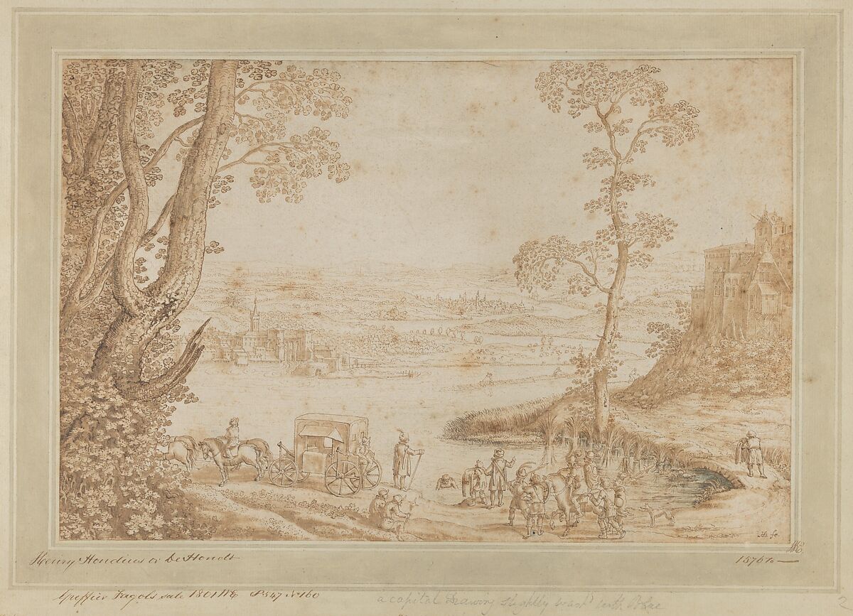 A River Landscape with the Baptism of the Eunuch, Hendrick Hondius I (Netherlandish, Duffel 1573–1650 Amsterdam), Pen and brown ink, brown and blue wash 