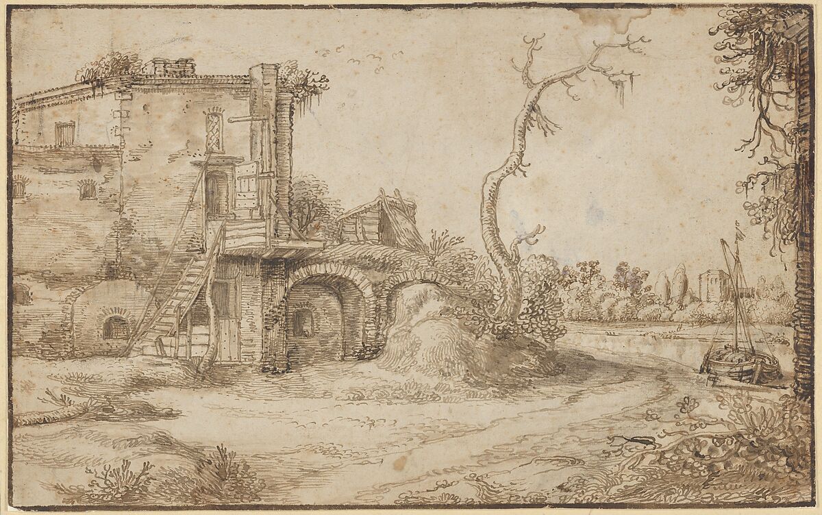 An Inhabited Ruin on the Bank of a River, Jan van de Velde II (Dutch, Rotterdam or Delft ca. 1593–1641 Enkhuizen), Pen and two shades of brown ink, brush and brown wash, over black chalk; framing lines in pen and brown ink, possibly by the artist 