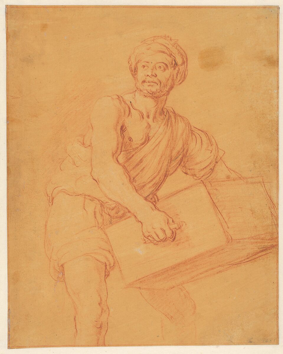 Study of a Bearded and Turbaned Man Carrying a Chest, Pieter Lastman (Dutch, Amsterdam 1583–1633 Amsterdam), Red and black chalk, heightened with white chalk, on yellow-orange prepared paper; framing line in red chalk, by the artist 